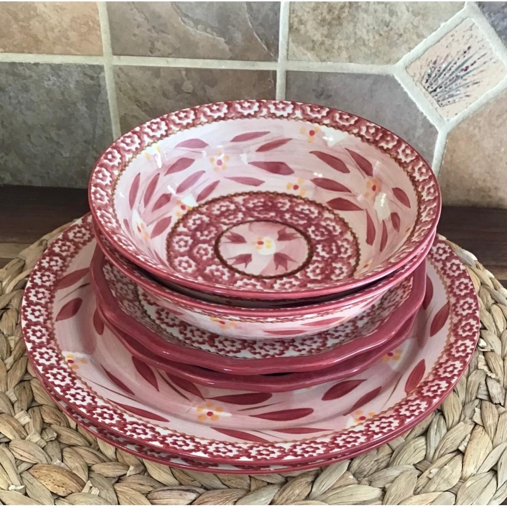 Temptations Old World Cranberry Floral 6 Piece Dinnerware Set Plates and Bowls